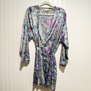 Victorias Secret Satin Purple Floral Shirt Robe One Size